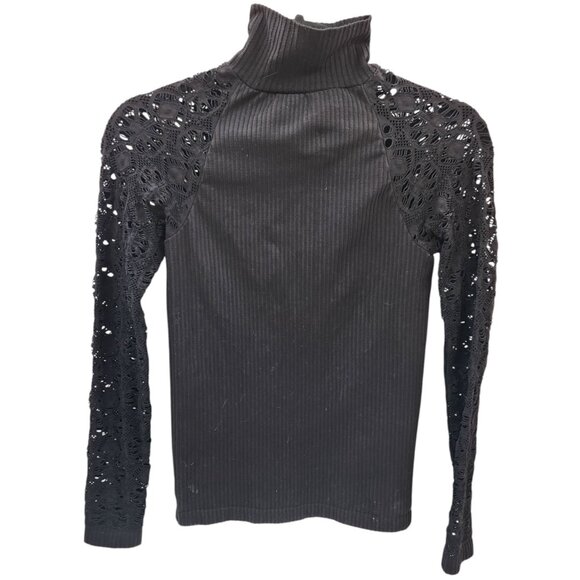 Free People Black Ribbed Mock Neck Keyhole Back Lace Sleeves Size Medium - Picture 1 of 5